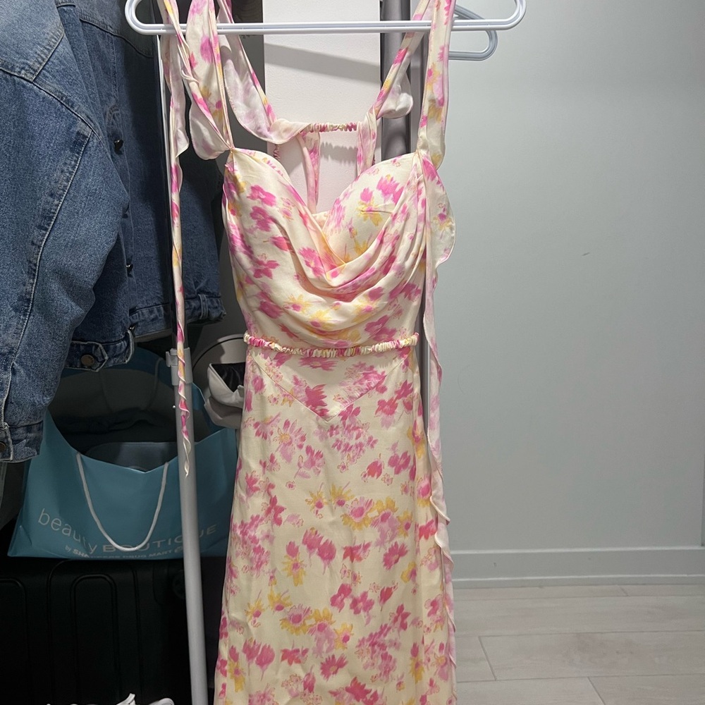 Maje Pink and Cream Ruched Sundress with Cowl Neck